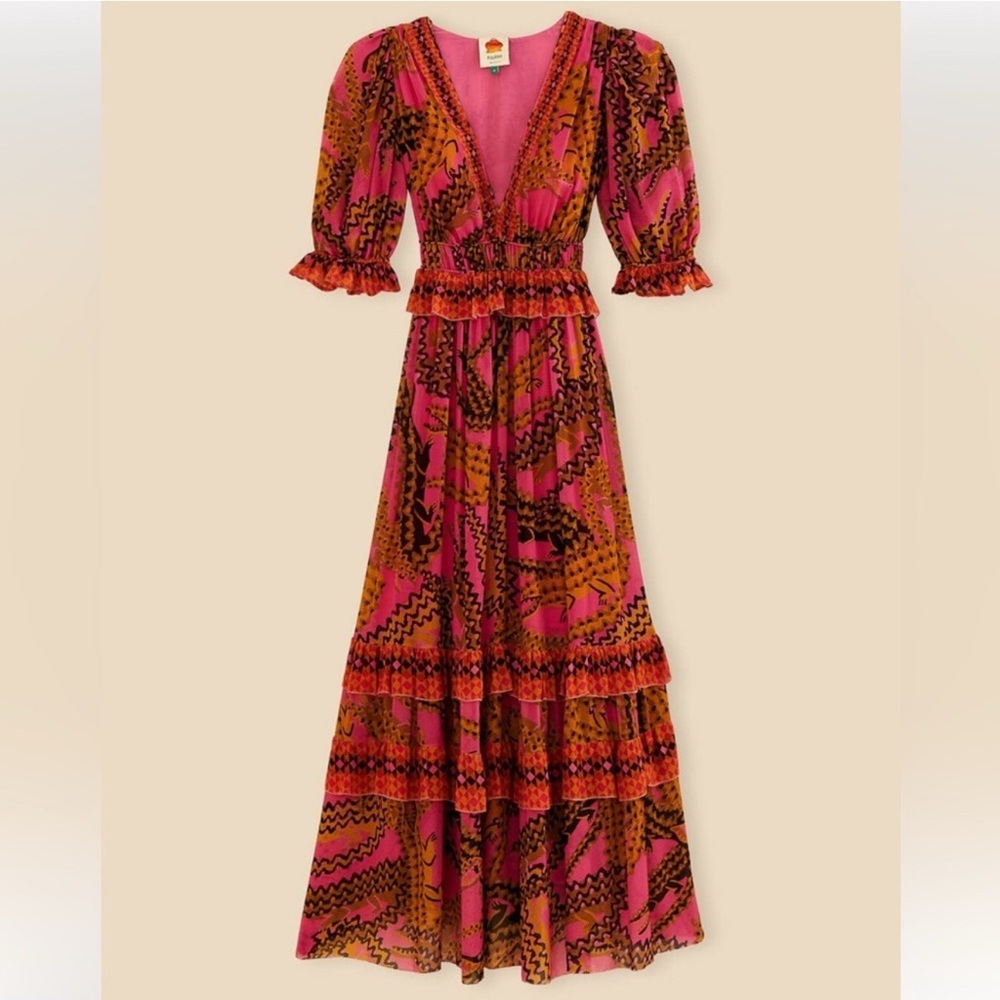 Farm Rio Croco Pink Maxi Dress Large NWT boho artsy formal